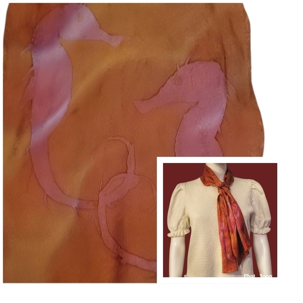 Vtg Artisan Rust Pink Seahorse Watercolor Satin Sash Scarf - Picture 1 of 6